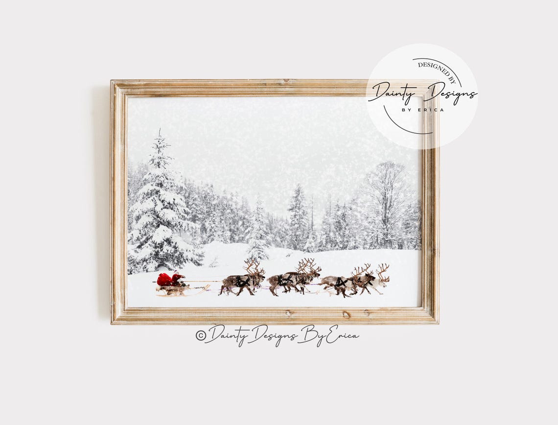 Santa Sleigh Reindeer Team Snowy Winter Forest Beautiful Poster - Image 3