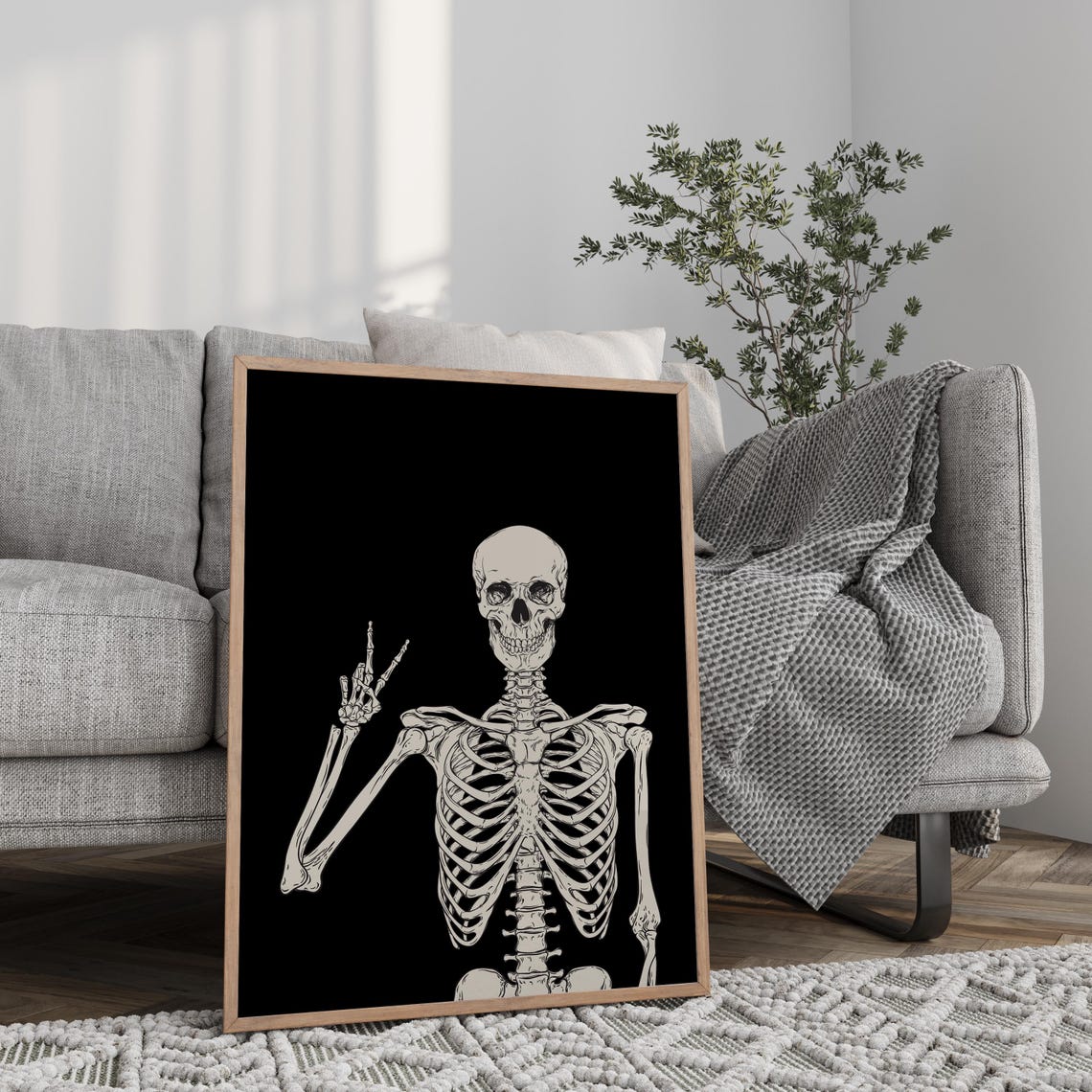 Funny Peace Sign Skeleton Halloween Black Background Art Poster - Image 3