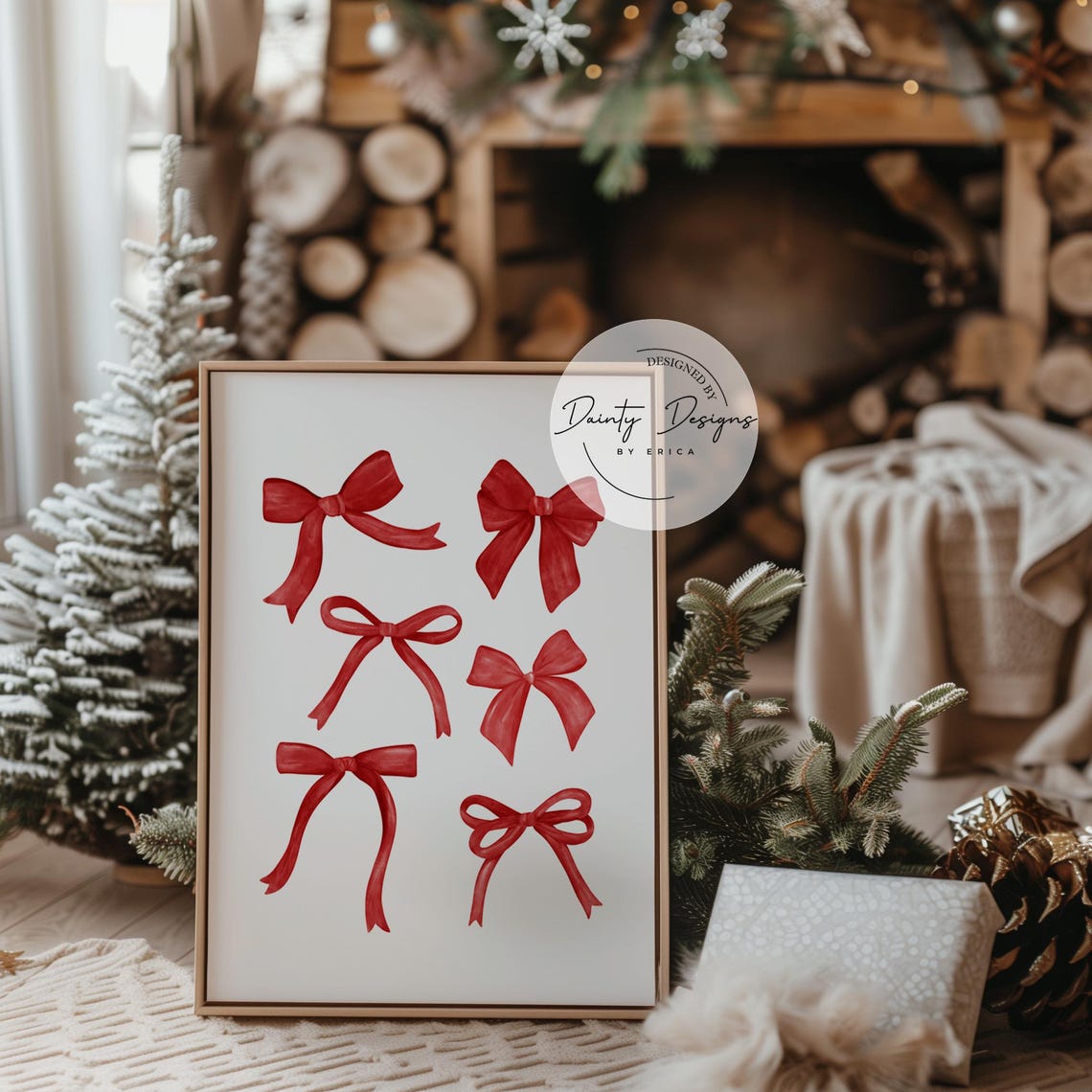 Red Watercolor Bows Christmas Ribbon Holiday Beautiful Poster - Image 3