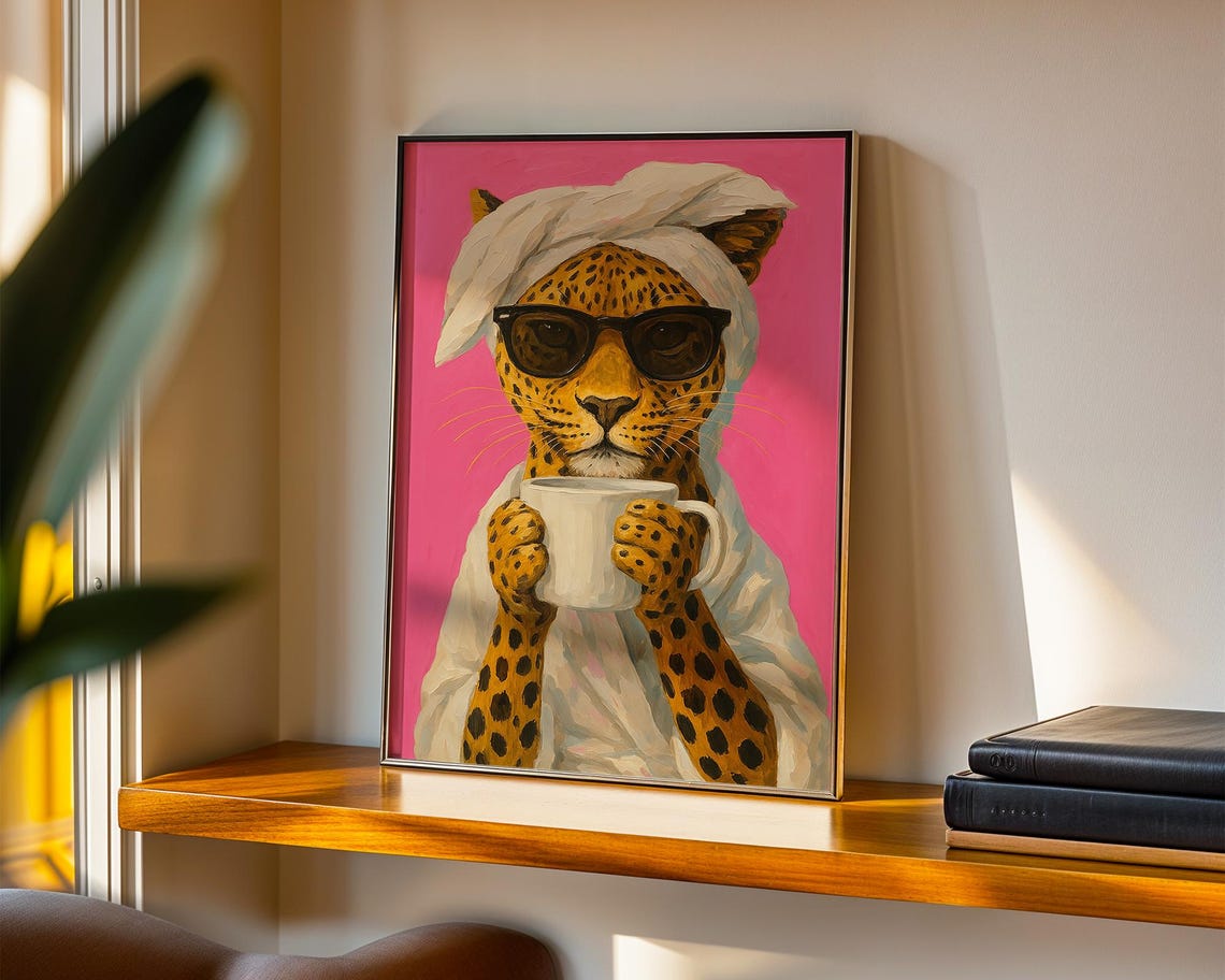 Printable Wall Art Leopard Drinking Coffee Print Funny Animal Bathroom Decor Maximalist Cat Poster Bold Trendy Kitchen - Image 7
