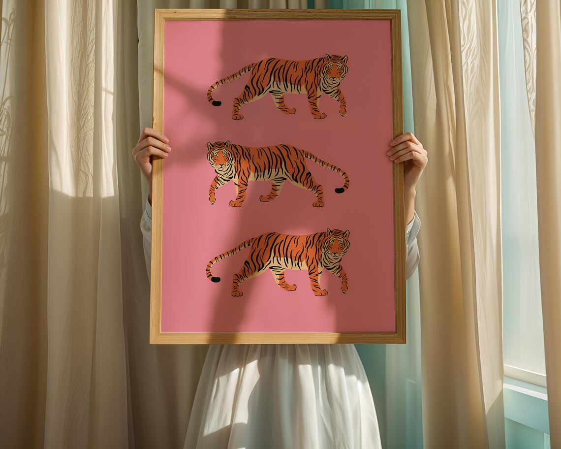 Three Orange Tigers Pink Background Pop Art Style Animal Poster - Image 3