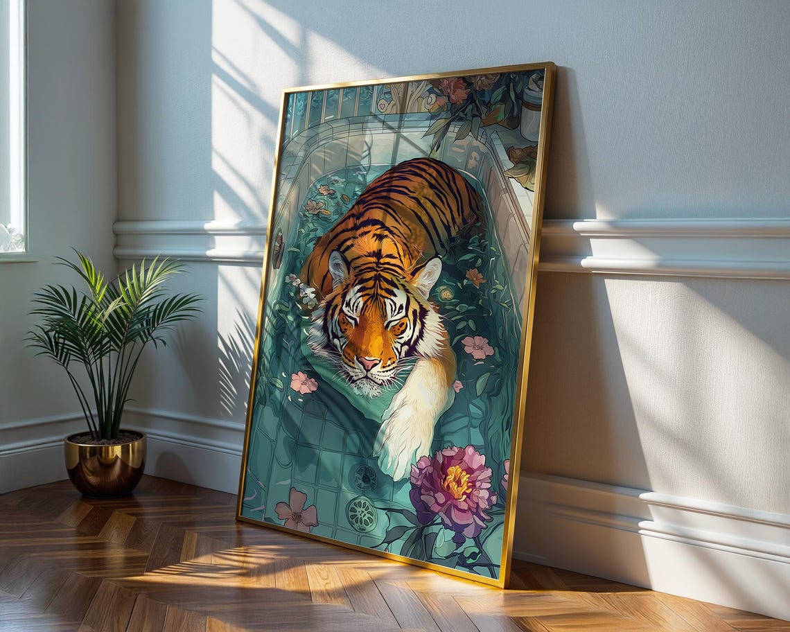 Luxury Tiger Bath Art Exotic Bathroom Decor Maximalist Wall Wild Animal Print Colorful Jungle Poster Trendy - Image 3