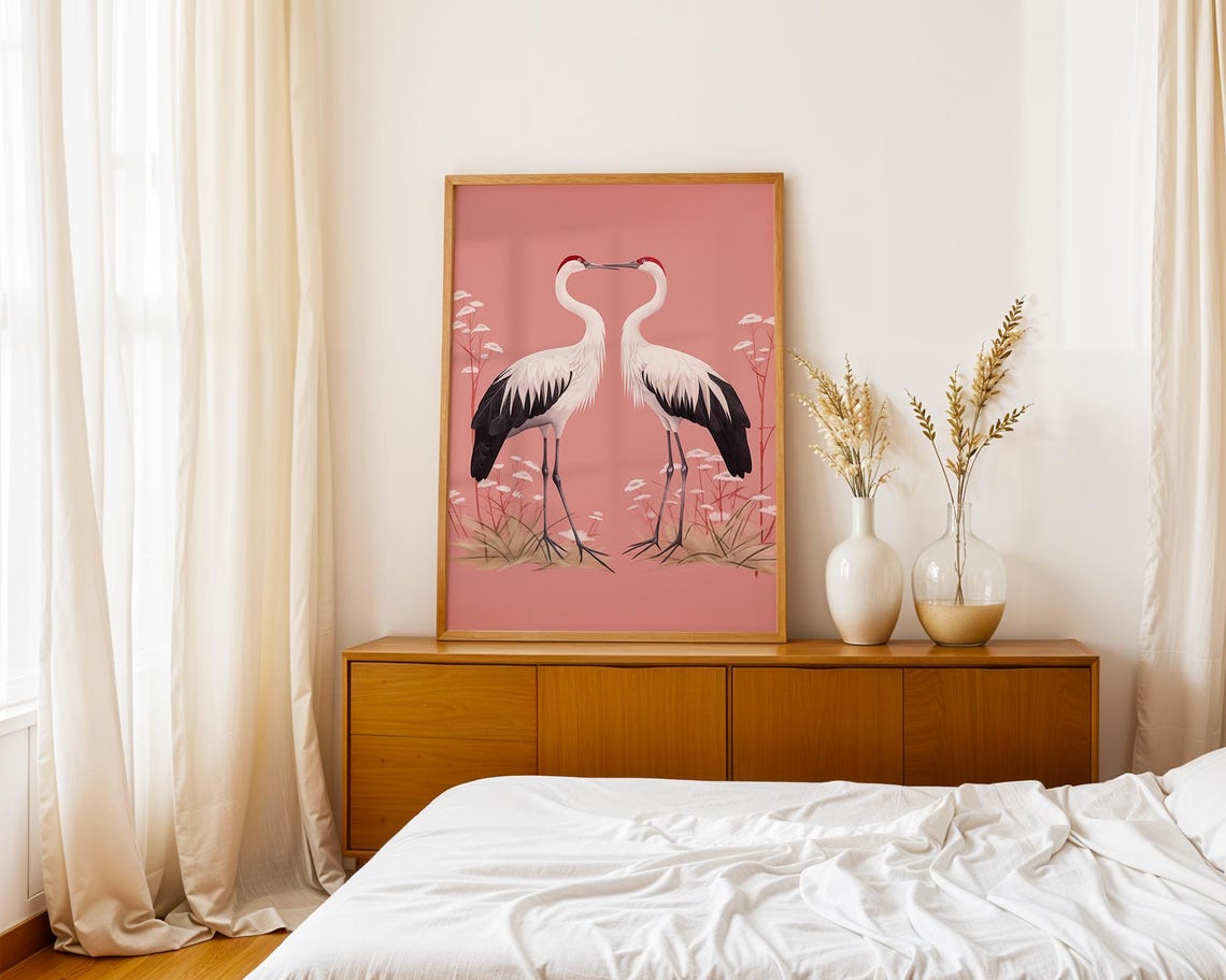 Two Red Crowned Cranes Pink Blossom Japanese Style Art Poster - Image 6