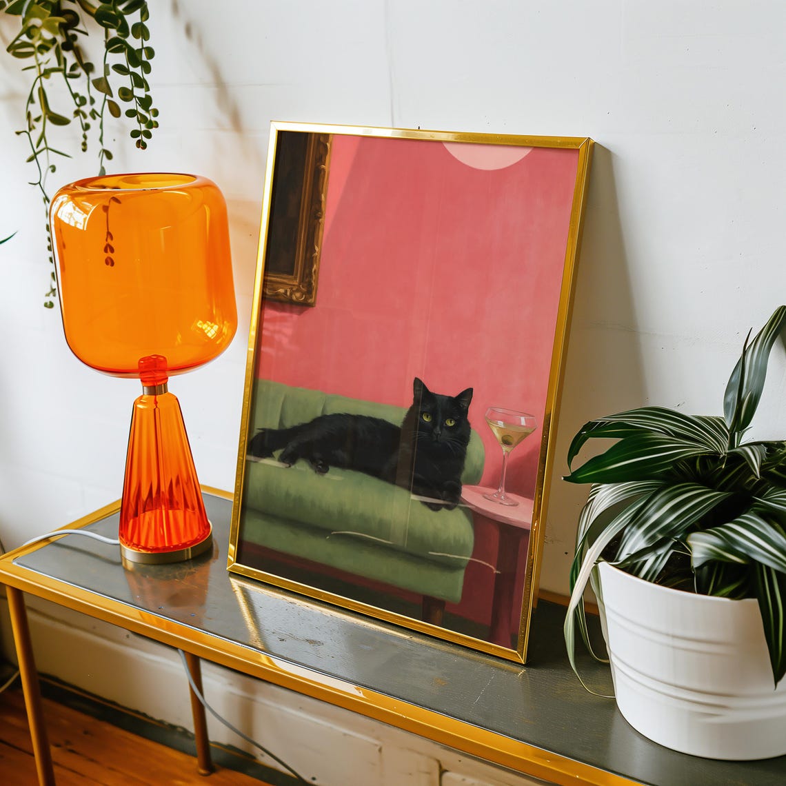 Black Cat Lounging Green Sofa Martini Cocktail Whimsical Art Poster - Image 6