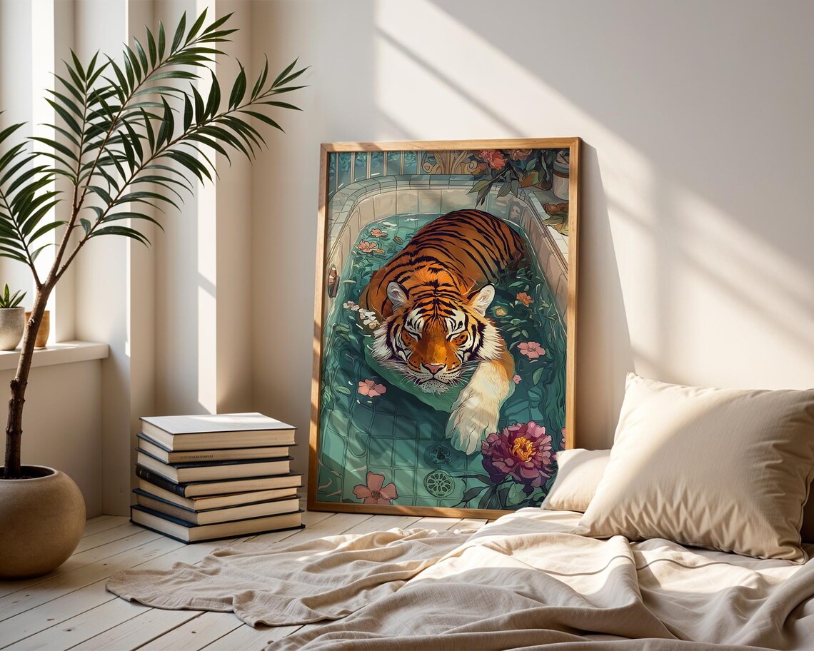 Luxury Tiger Soaking Floral Bathtub Exotic Maximalist Art Poster - Image 2