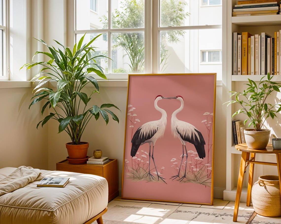 Two Red Crowned Cranes Pink Blossom Japanese Style Art Poster - Image 3