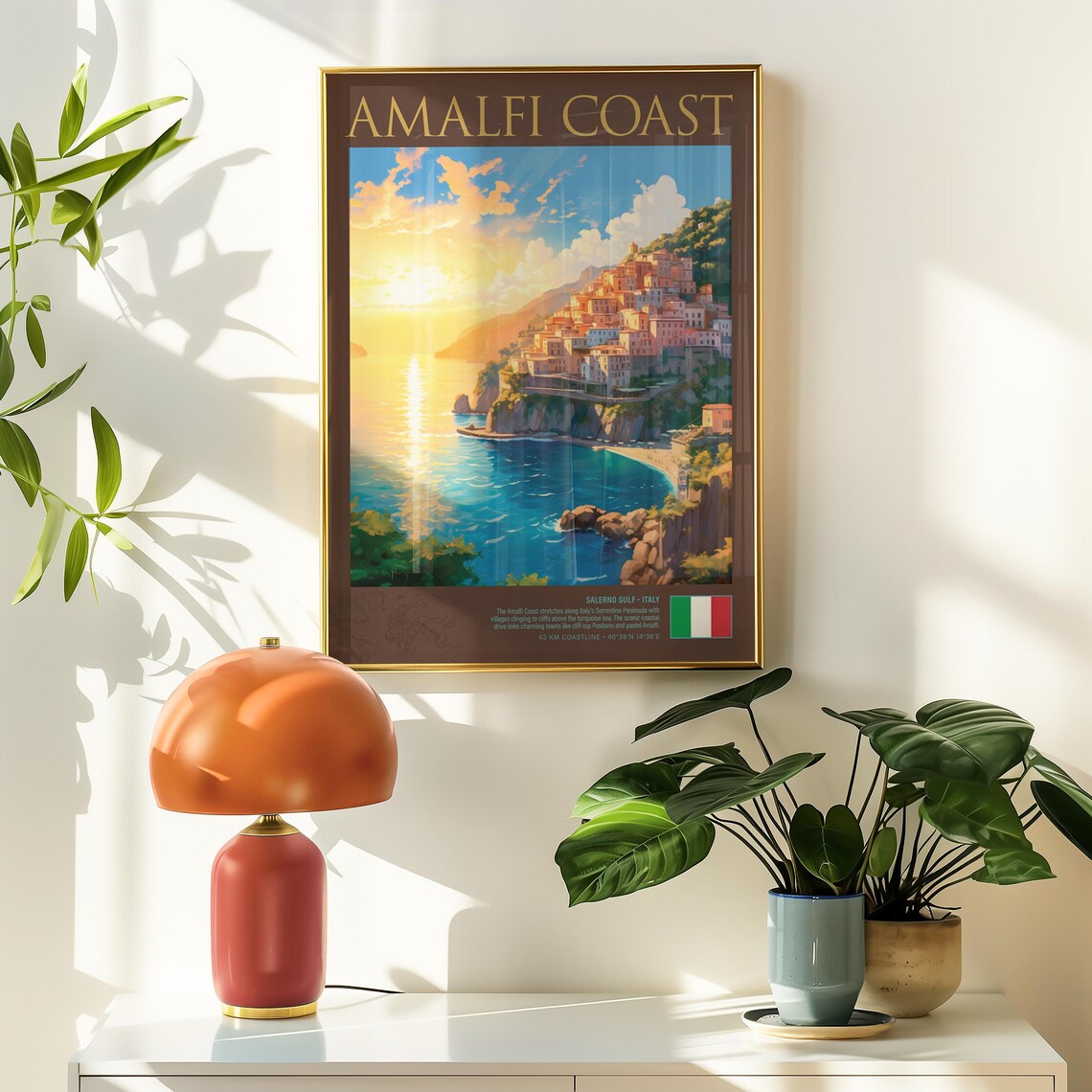 Amalfi Coast Italy Vintage Golden Sunset Seaside Travel Art Poster - Image 4