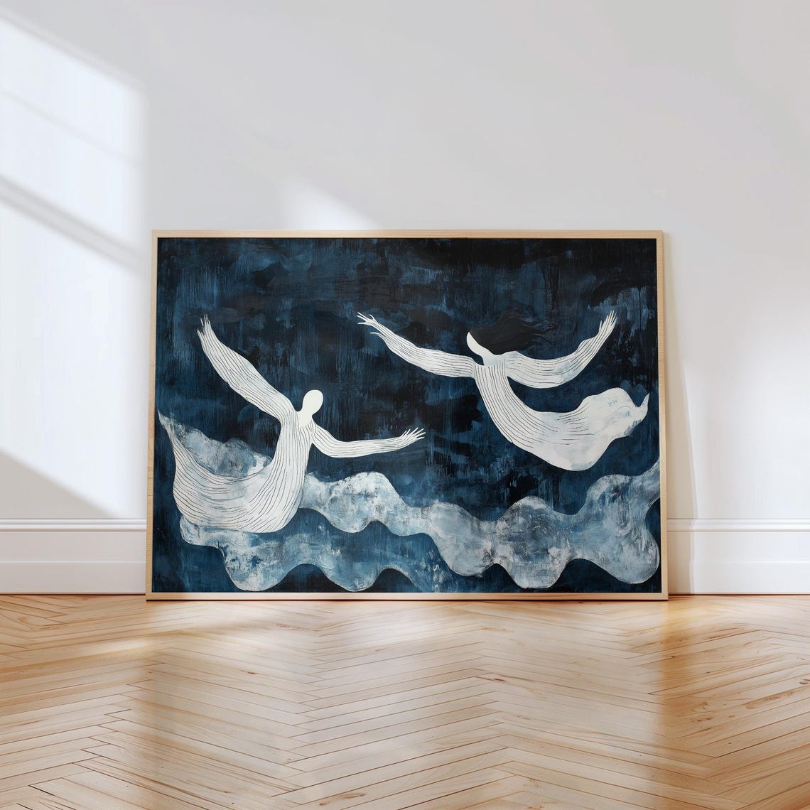 Two White Angels Flying Over Dark Navy Clouds Dreamlike Art Poster