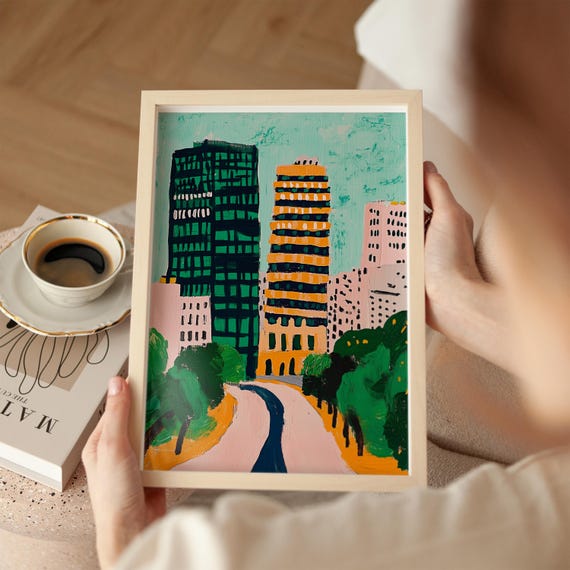 Colorful Cityscape Painting Modern Urban Skyline Abstract Buildings Art Vibrant Downtown Scene Bold Green And Yellow Skyscrapers