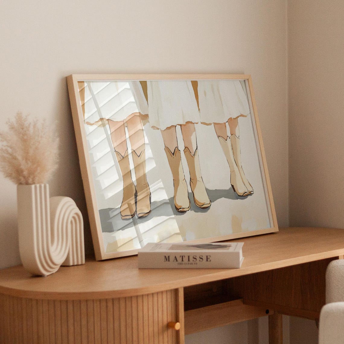 Western Cowgirl Boots Art Print Minimalist Country Style Wall Art Rustic Farmhouse Decor Southern Charm White Dress And Boots Painting - Image 3