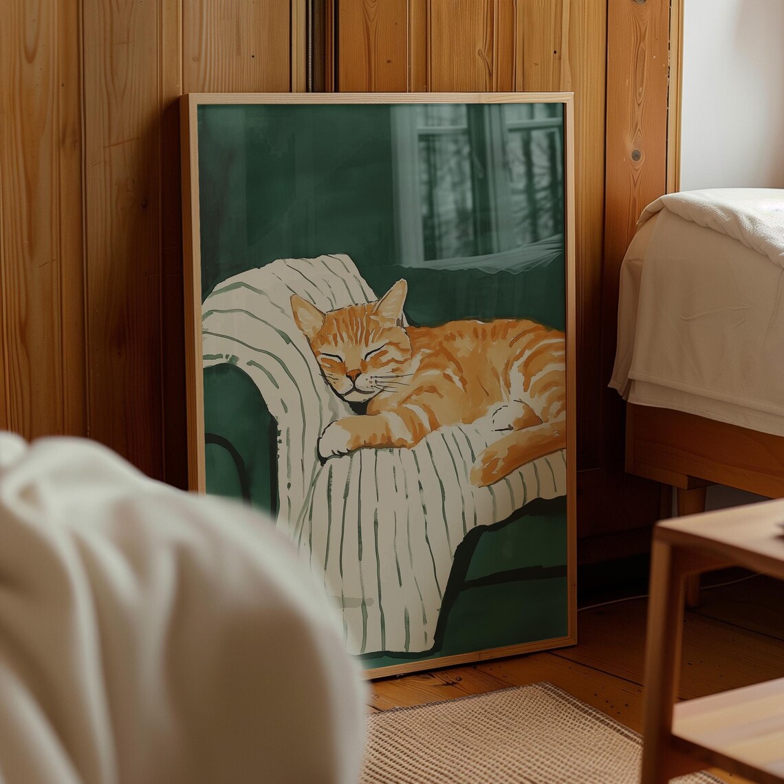 Sleeping Orange Tabby Cat Green Watercolor Whimsical Cozy Pet Poster - Image 4