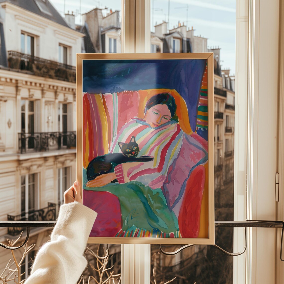 Colorful Woman with Black Cat Resting on Rainbow Blanket Wall Art - Image 4