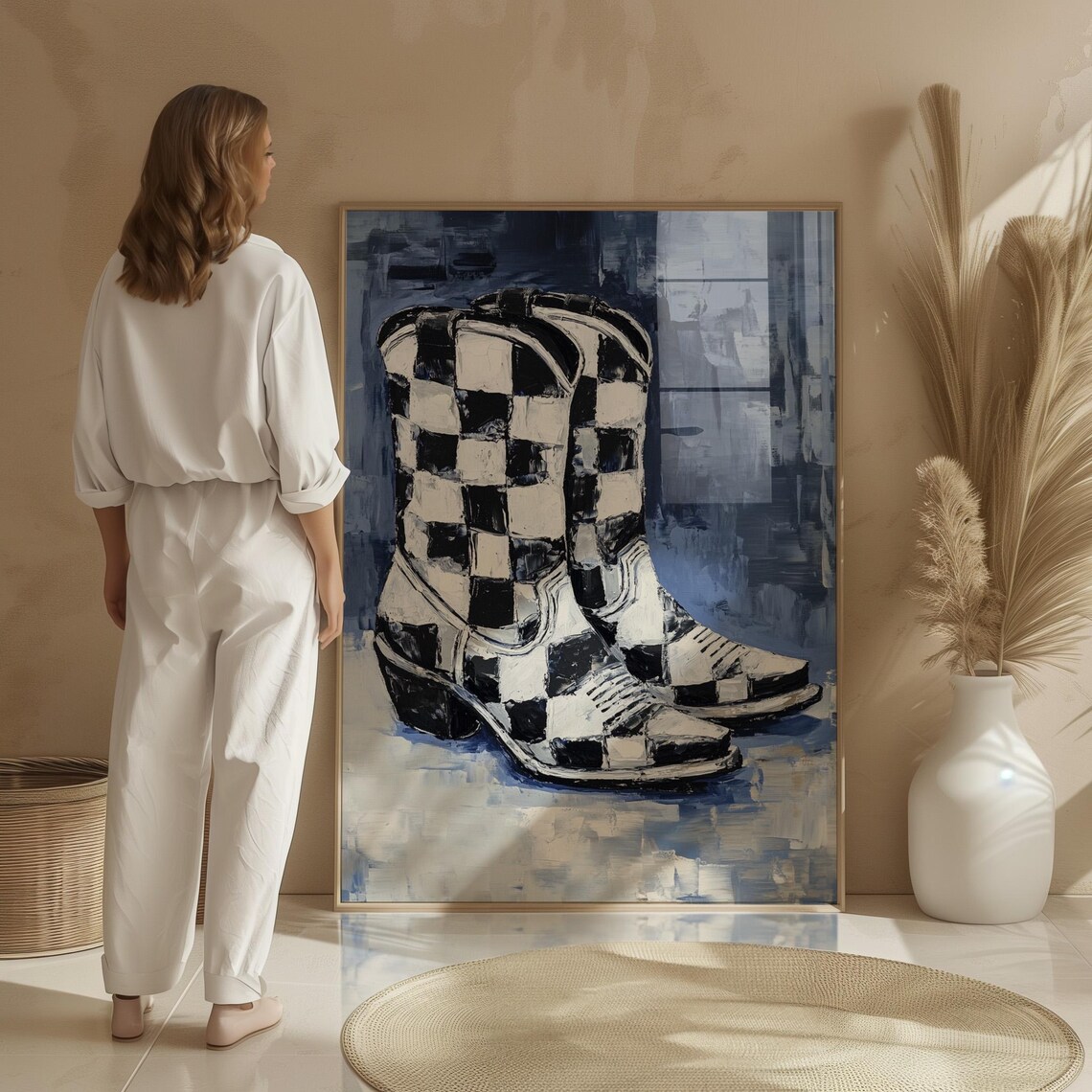Black White Cowboy Boots Art Print, Modern Western