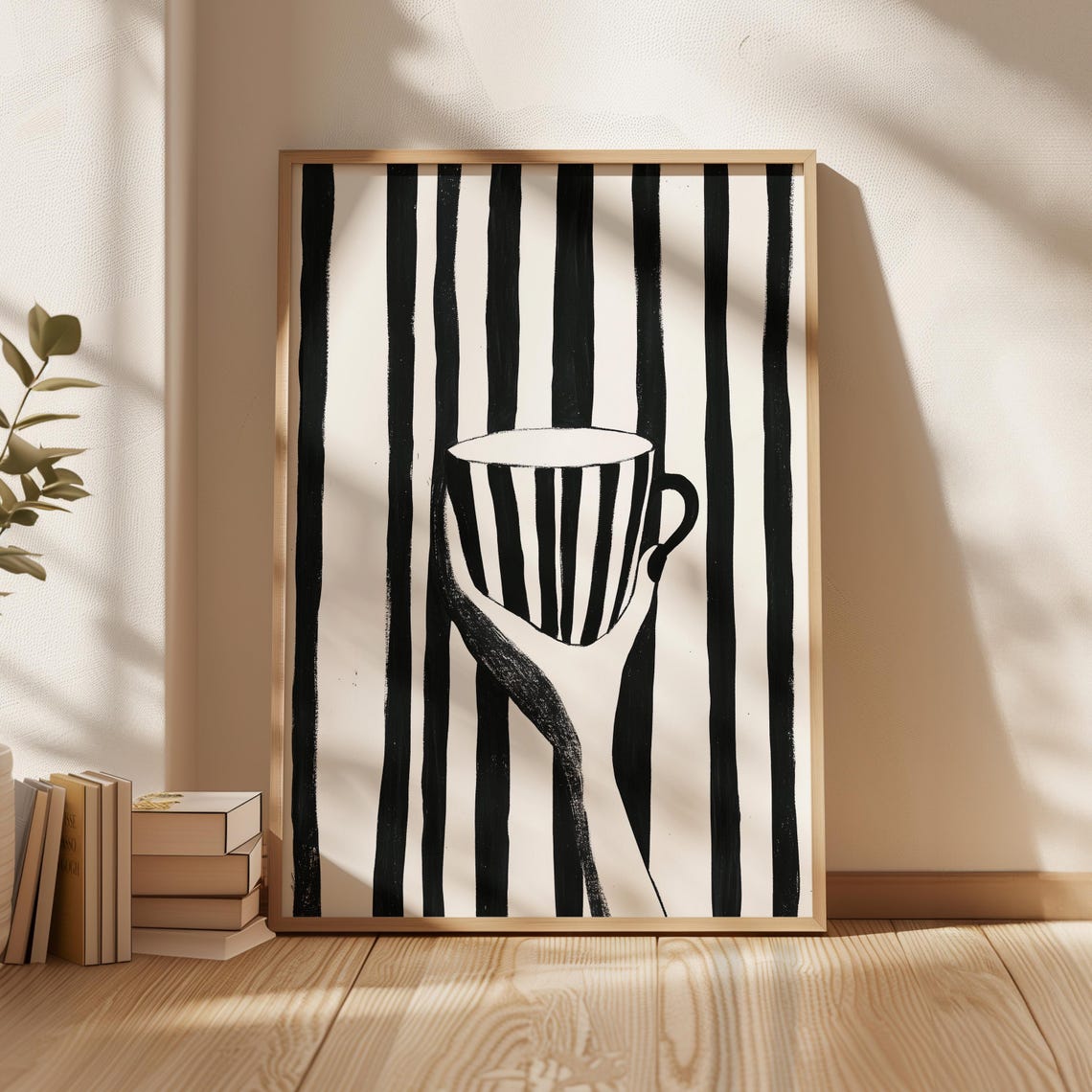 Hand Holding Striped Cup Bold Black Vertical Stripes Minimalist Poster
