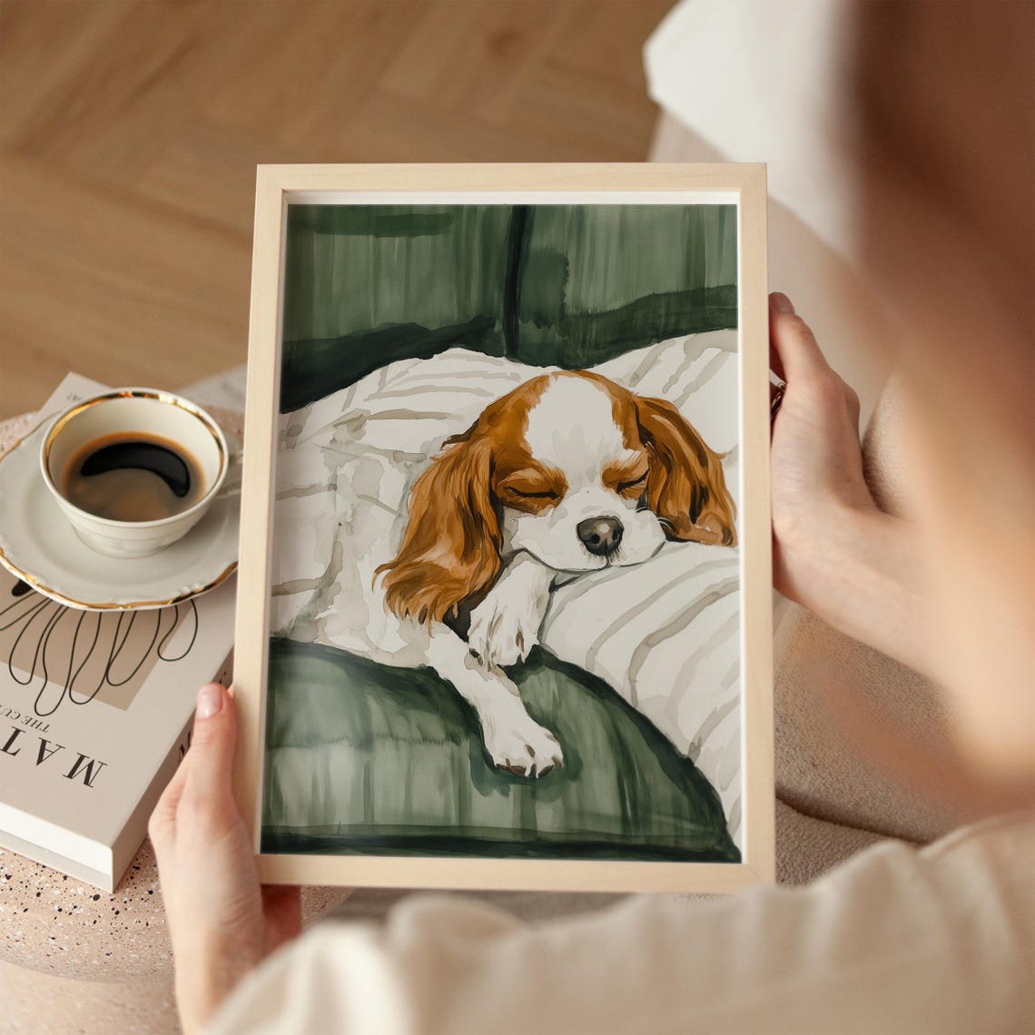 Sleeping Cavalier King Charles Spaniel Puppy On Striped Bedding Print - Image 2