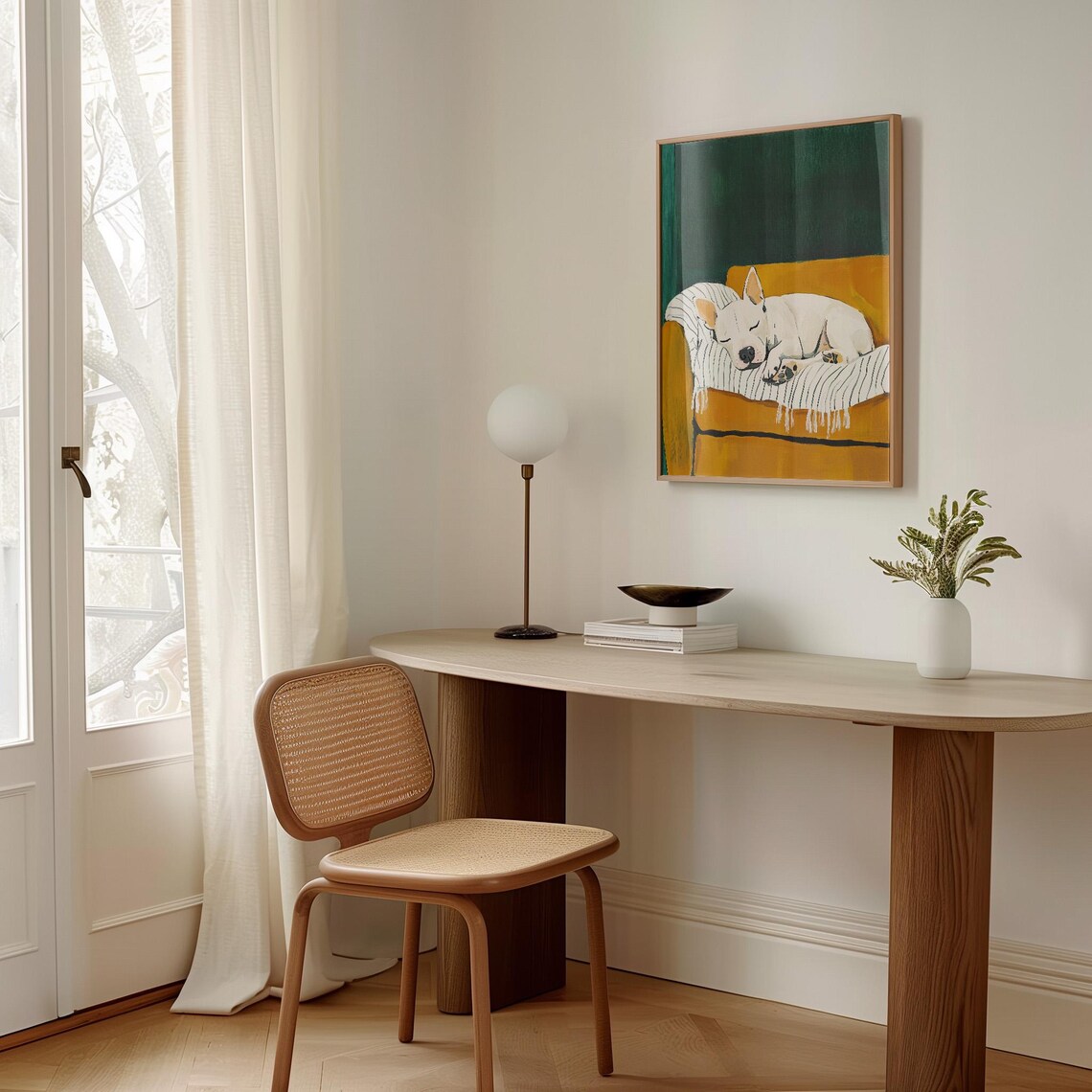 White Bulldog Sleeping On Couch Mustard Cozy Pet Painting Poster - Image 3