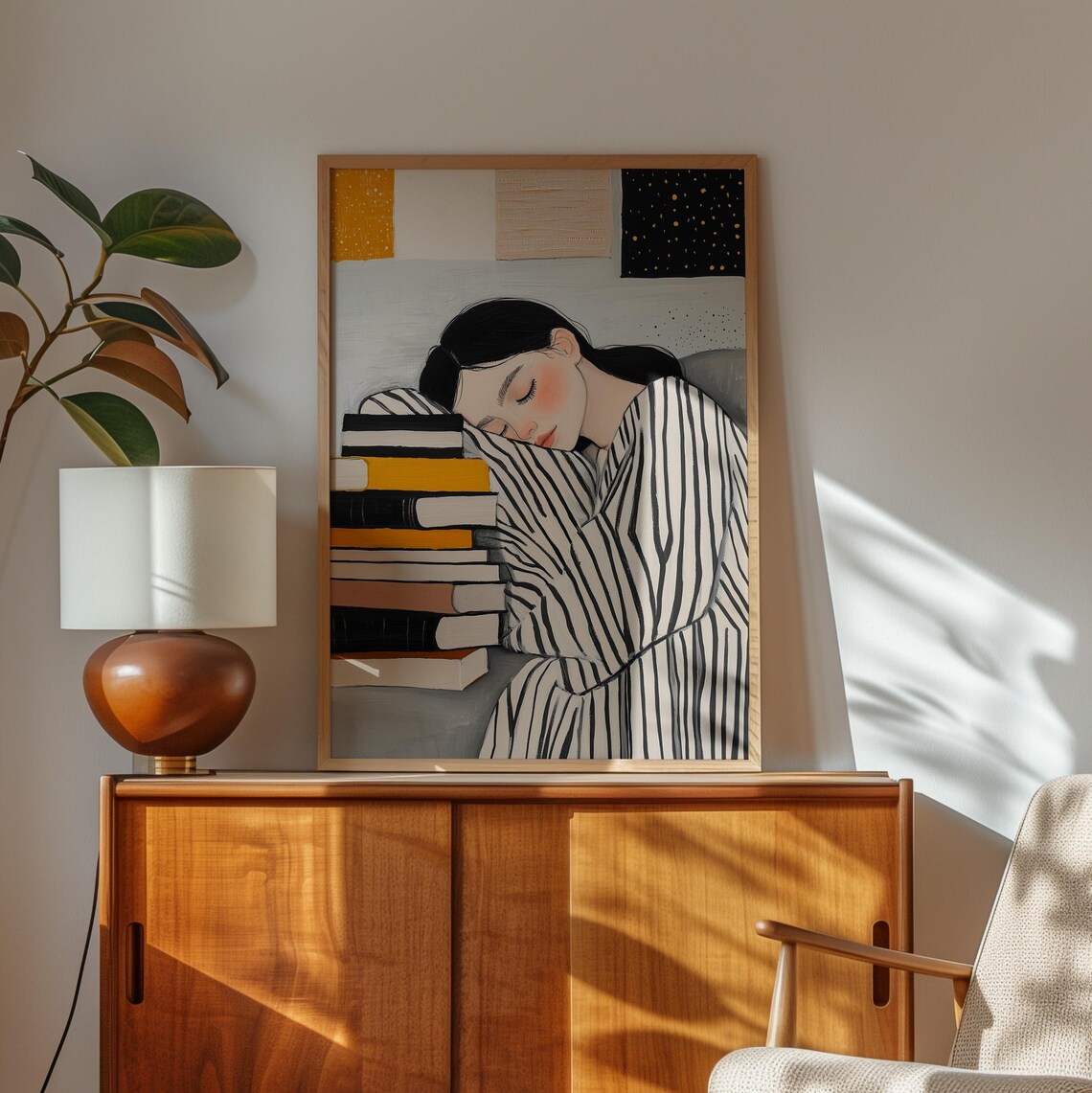 Sleeping Girl Hugging Stack Of Books Night Window Cozy Reading Poster - Image 2