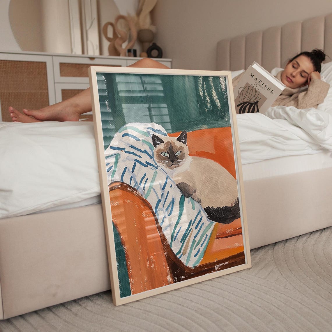 Siamese Cat On Orange Couch Cozy Acrylic Cat Painting Poster - Image 2
