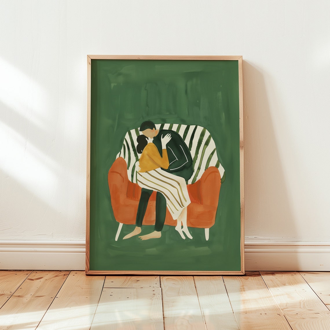 Couple Cuddling On Striped Couch Green Background Romantic Art Poster
