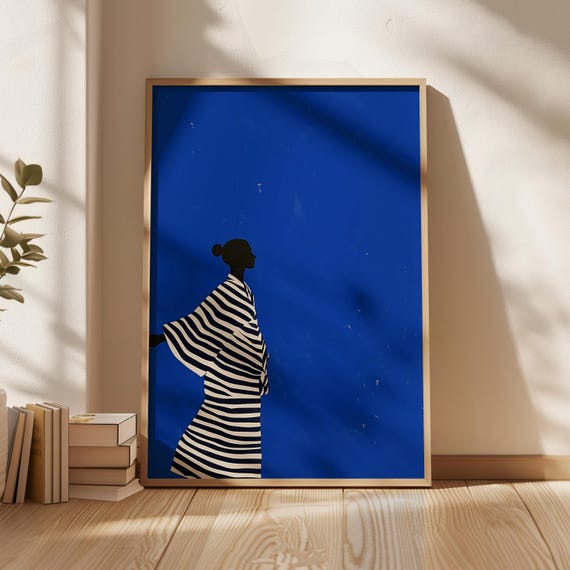 Bold Blue Minimalist Woman Print Contemporary Art Black And White Stripe Wall Decor Modern Abstract People Artwork Female Silhouette Print