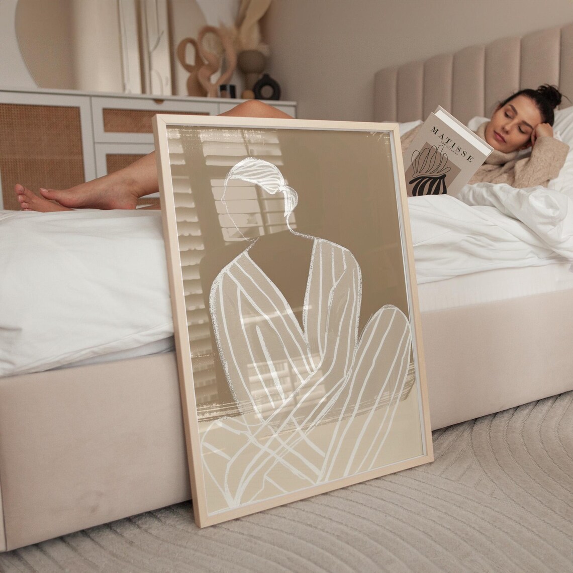 Abstract Woman Striped Cloak Line Art Beige Minimalist Portrait Poster - Image 3
