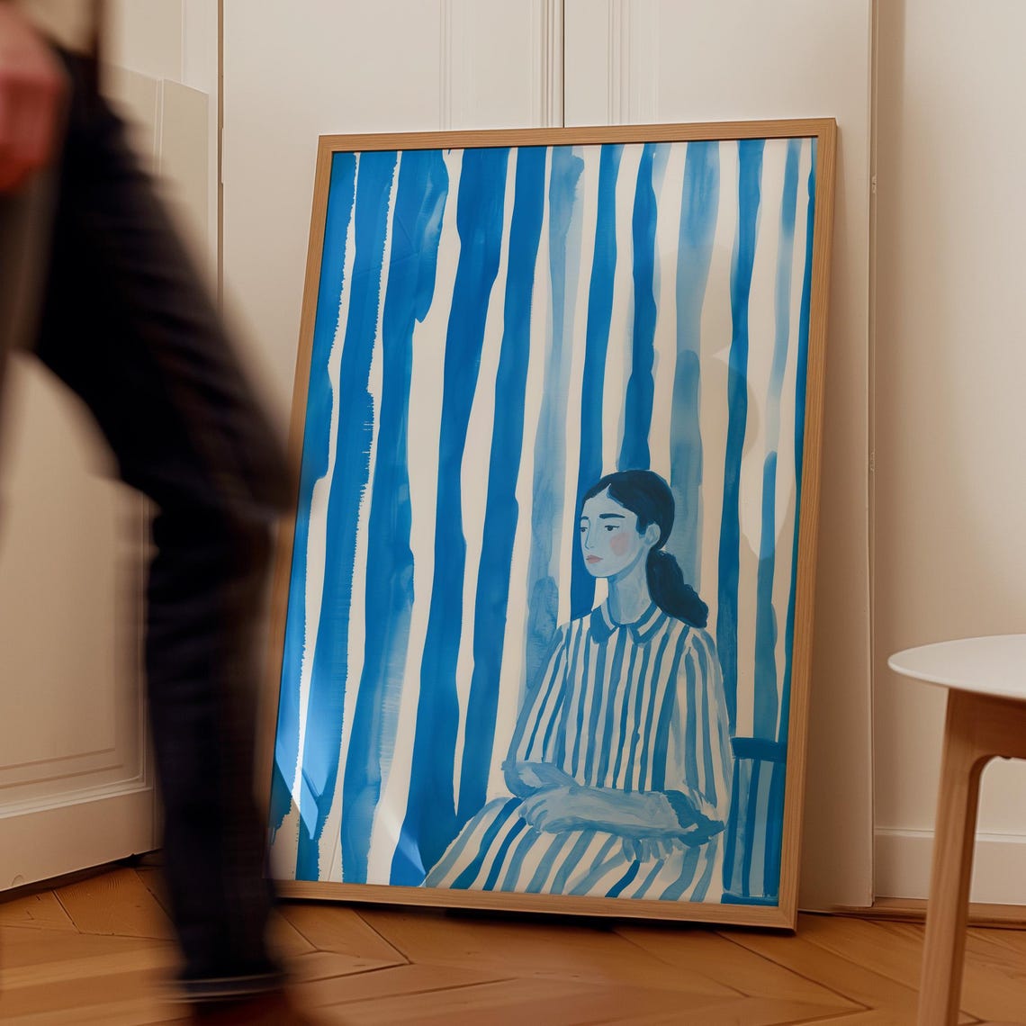 Woman in a Striped Dress Amid Bold Blue Vertical Brushstrokes Poster - Image 4