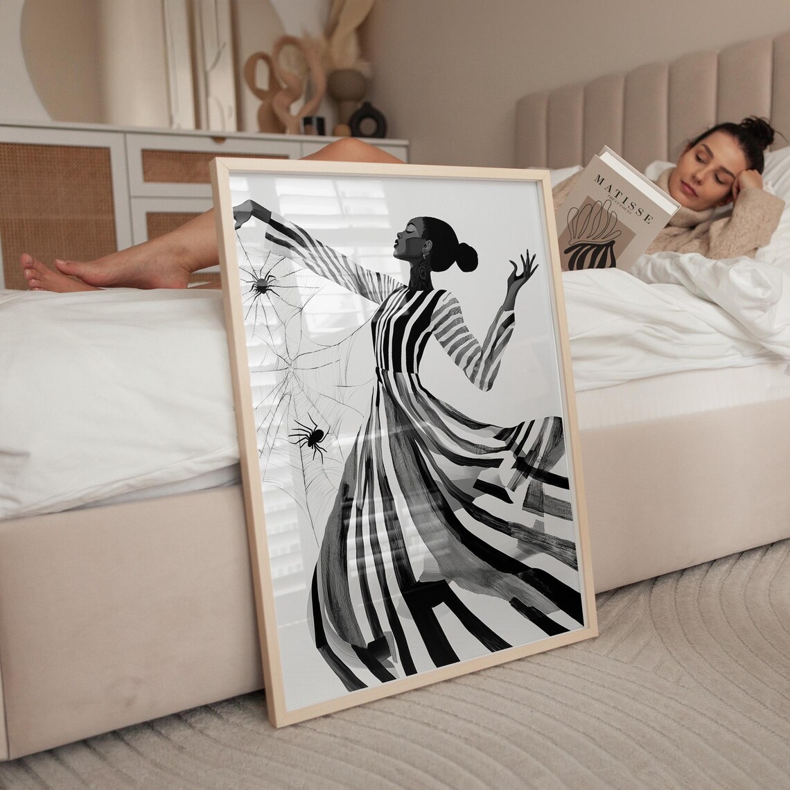 Abstract Striped Dress Witch Dancer Spiderweb Black and White Art Poster - Image 2