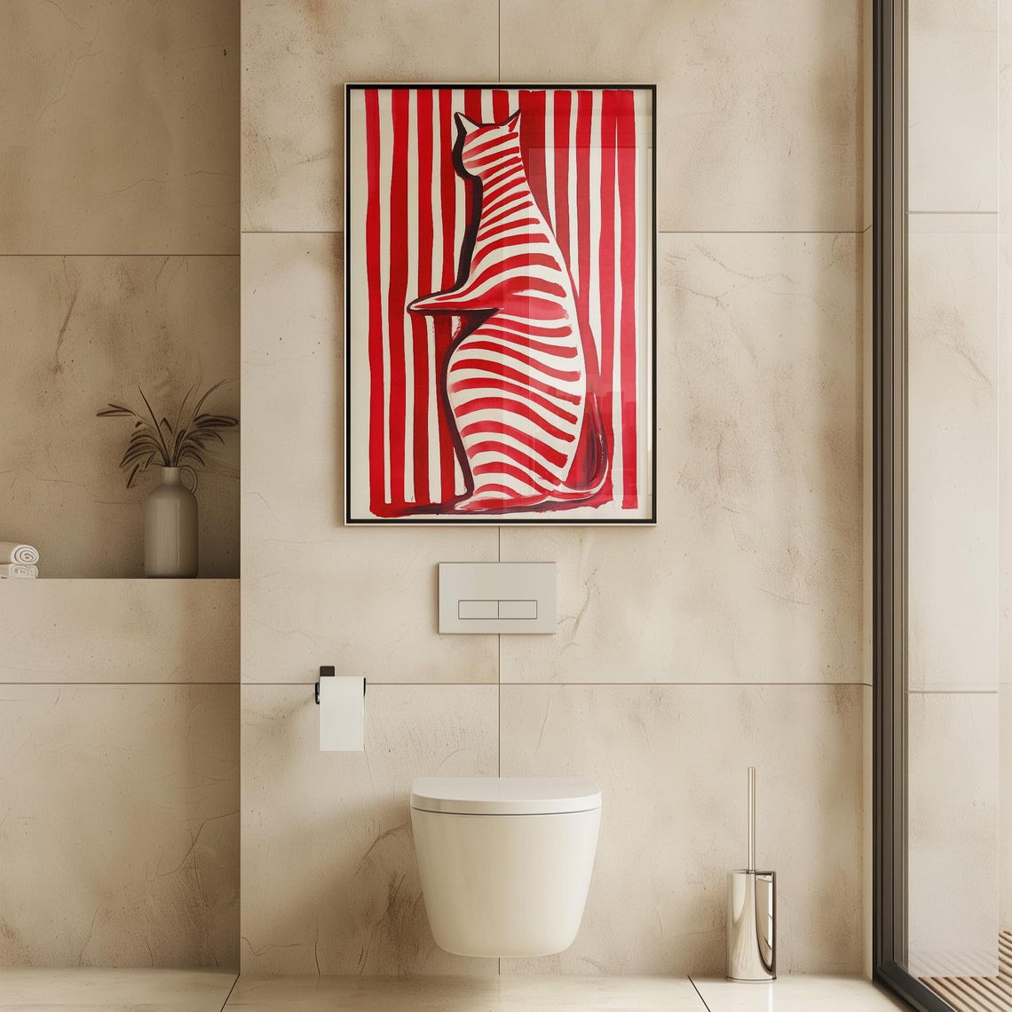 Striped Cat Silhouette Red and White Modern Minimalist Poster - Image 2