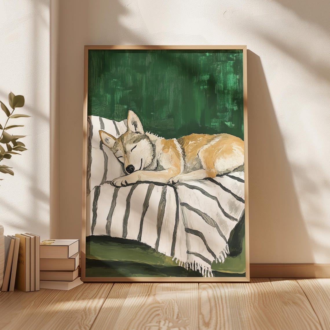 Sleeping Husky Dog Curled On A Striped Blanket In Deep Green Print - Image 3