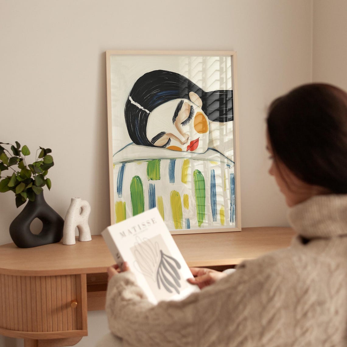Sleeping Woman Portrait with a Colorful Striped Blanket Poster - Image 4