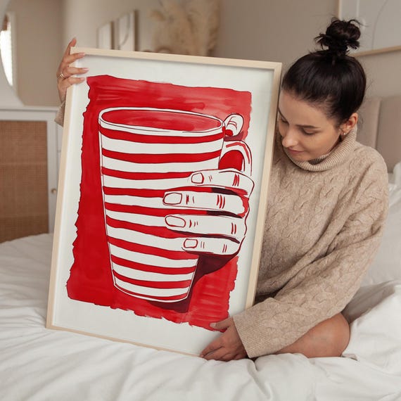 Red Striped Coffee Mug Art Bold Kitchen Wall Decor Minimalist Hand Illustration Modern Red And White Print Coffee Lover