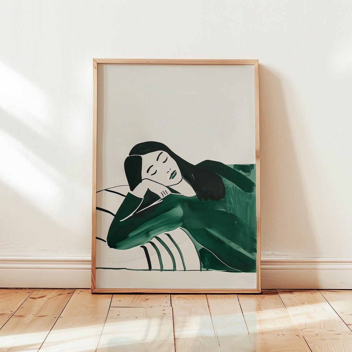 Woman Resting Head on Hand Dark Green Brushstroke Minimal Poster
