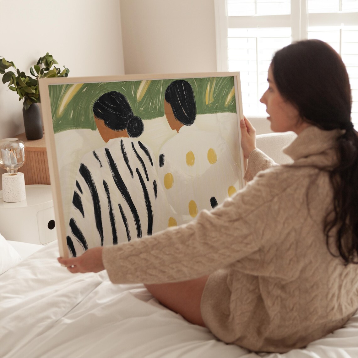 Two Women Back View Zebra Stripes and Polka Dots Green Abstract Poster - Image 4