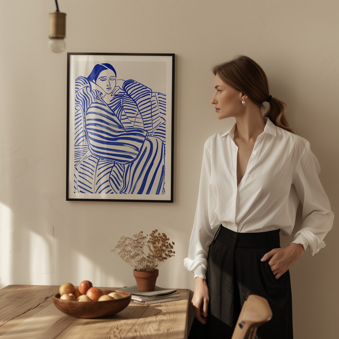 Cobalt Blue Woman In Striped Robe Line Art Portrait Wall Art - Image 2