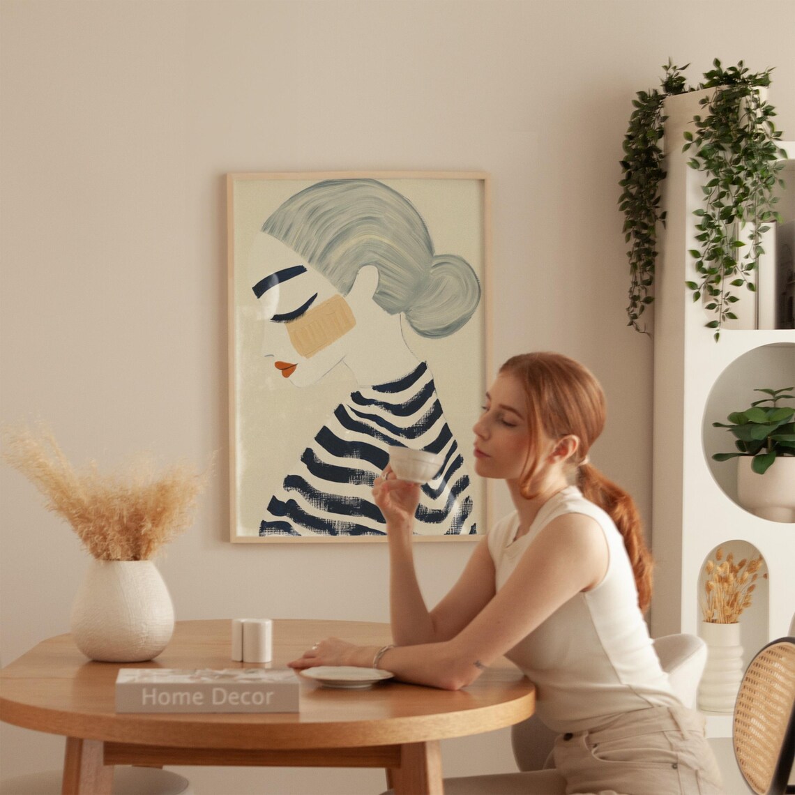 Mid Century Woman Profile Gray Hair Striped Top Fashion Poster - Image 4