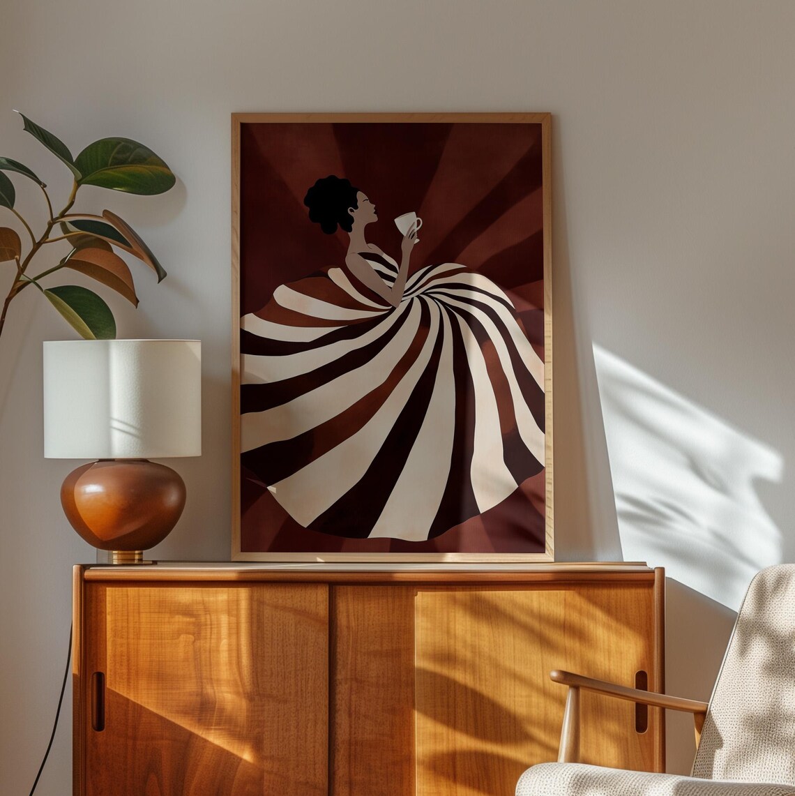 Woman in Swirling Striped Gown Coffee Elegant Burgundy Art Poster - Image 3