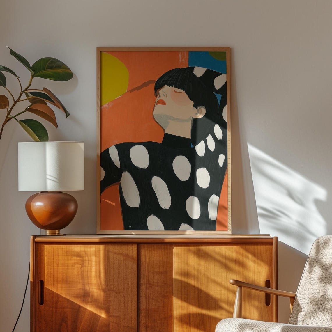 Woman in Black Polka Dot Top Under Bold Sun Minimalist Portrait Poster - Image 3