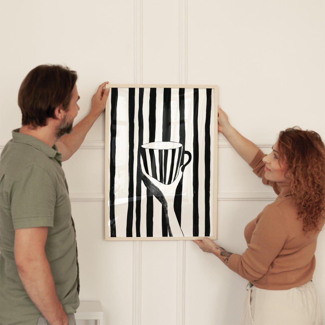 Hand Holding Striped Cup Bold Black Vertical Stripes Minimalist Poster - Image 2