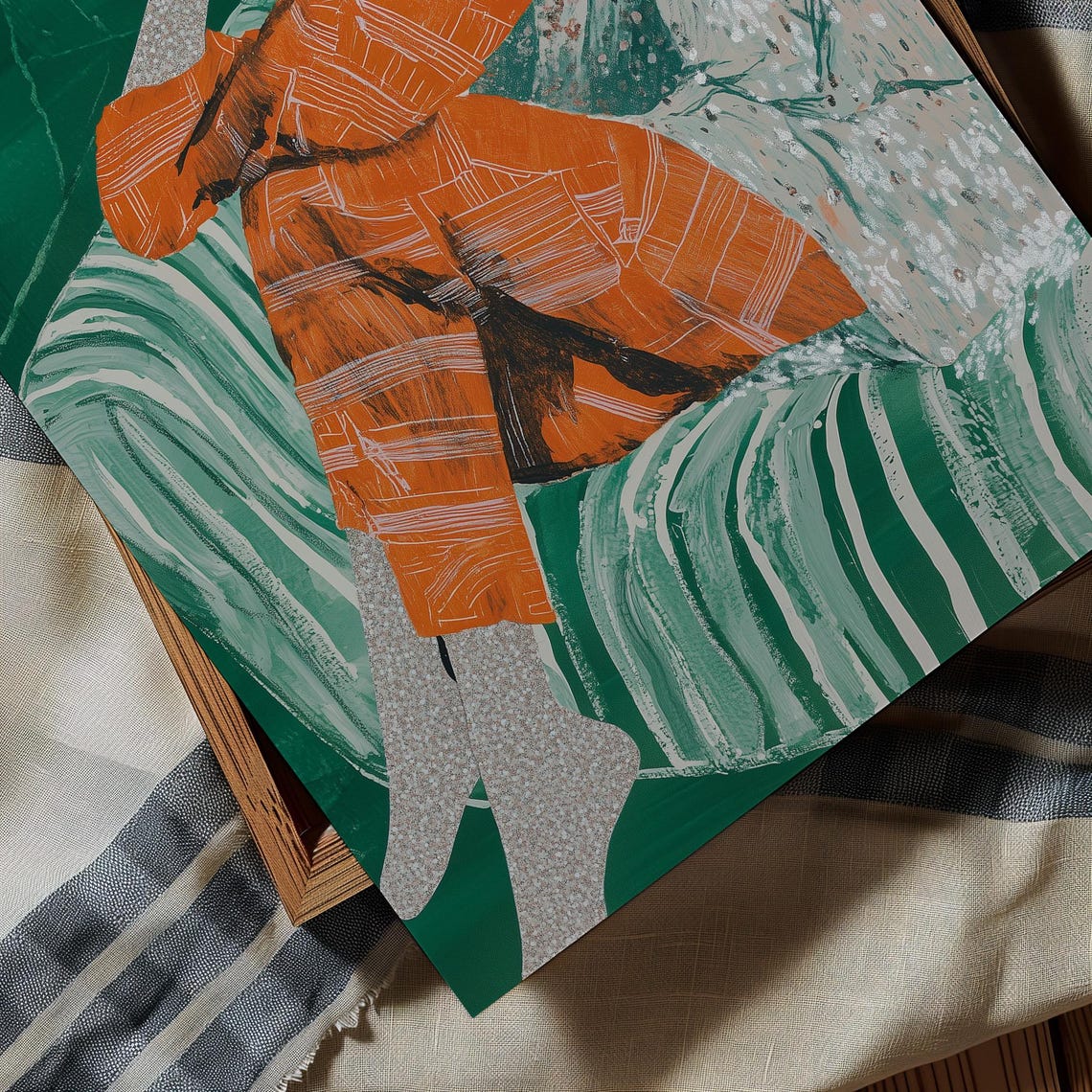 Woman in Orange Pajamas Resting on a Green Striped Sofa Poster - Image 2