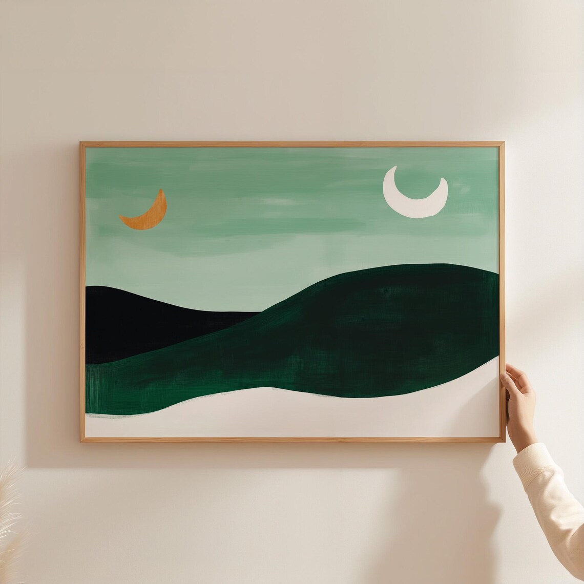 Minimalist Twin Crescent Moons Over Green Hills - Image 4