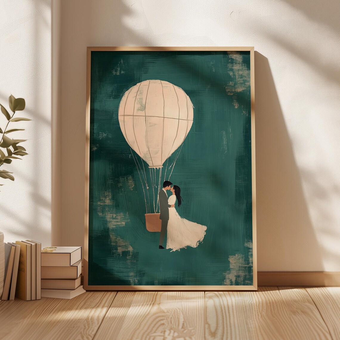 Large Wedding Couple Hot Air Balloon Dark Teal Romantic Art Print - Image 4