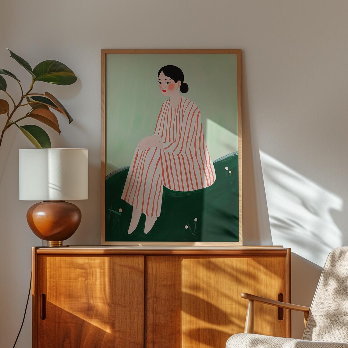 Minimalist Woman Portrait Red Striped Dress Mint Green Figure Art Poster - Image 2