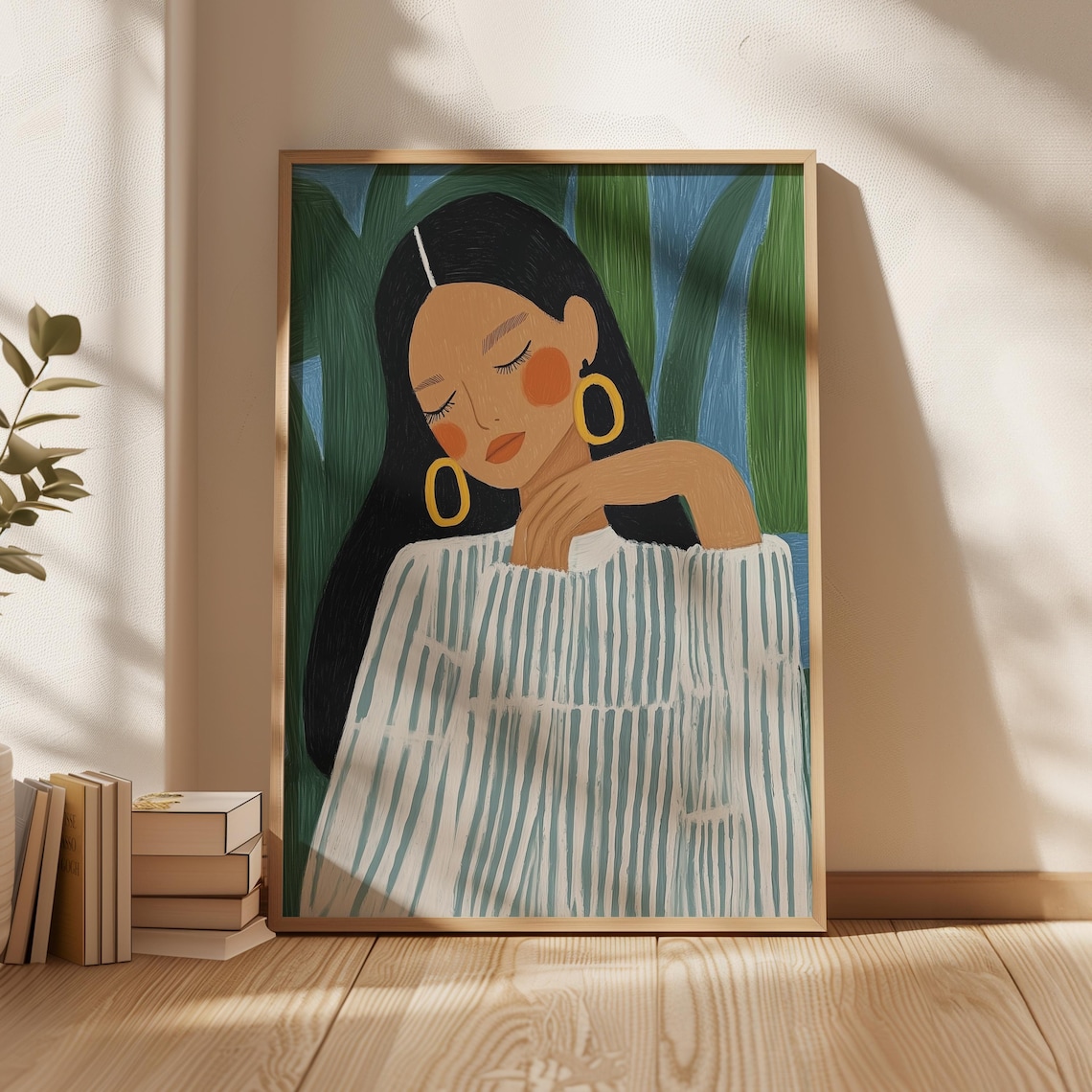 Woman with Gold Hoops in a Striped Blouse in Tropical Green Poster