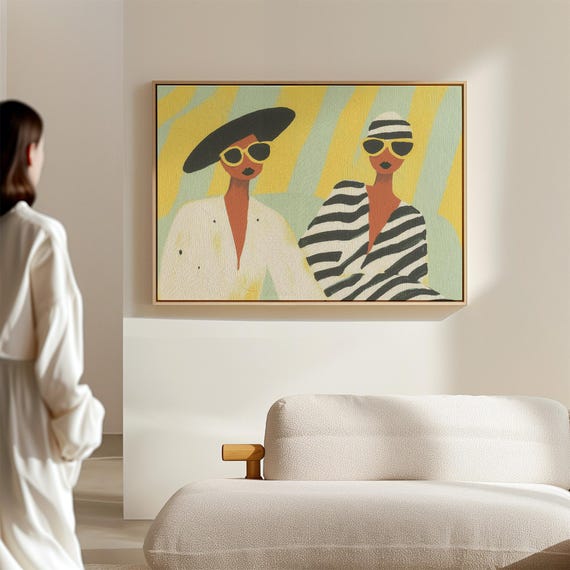 Modern Fashion Illustration Art Print Bold Minimalist Wall Decor Women In Sunglasses Striped Black And White Outfit Vibrant Yellow Tones