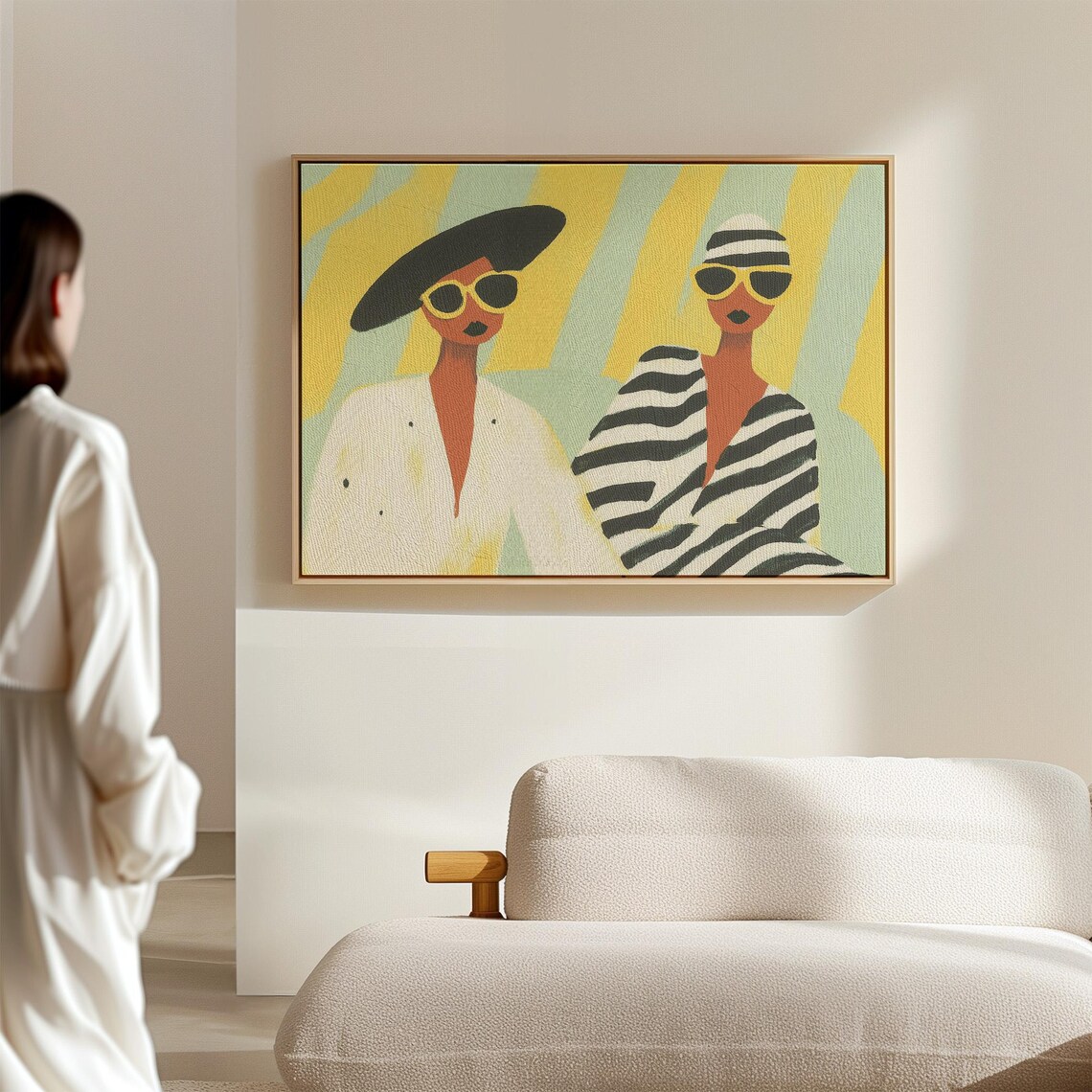 Two Stylish Women in Sunglasses Yellow Mint Striped Glam Poster