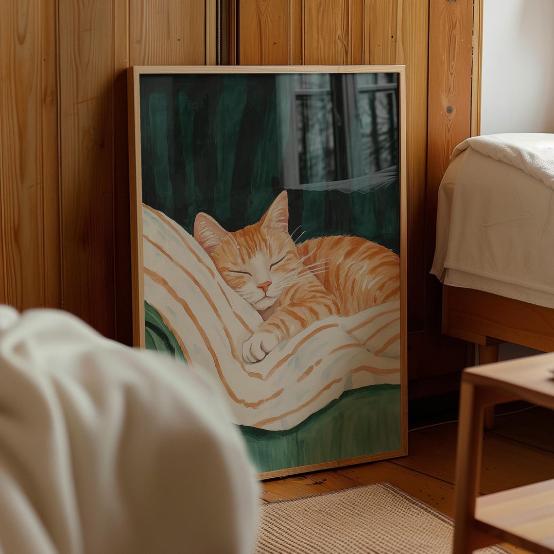 Orange Tabby Cat Napping Striped Blanket Green Couch Cozy Art Poster - Image 3