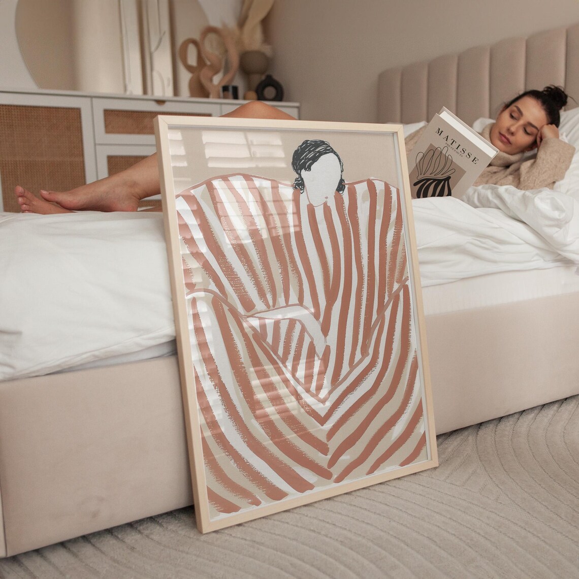 Faceless Woman In A Terracotta Striped Dress Seated Boho Wall Art - Image 4