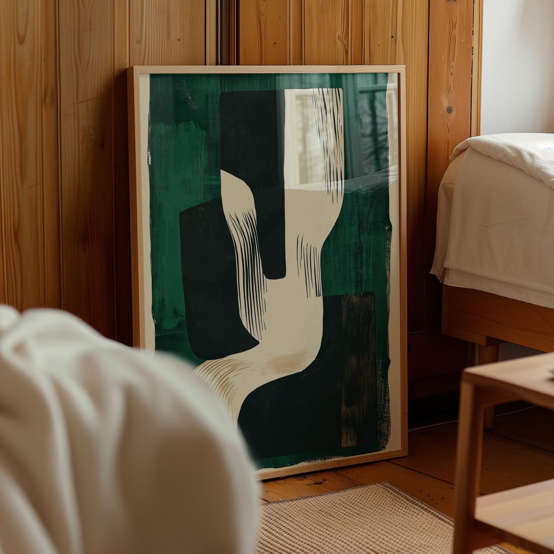 Emerald Green Black Cream Abstract Shapes Modern Geometric Art Poster - Image 4