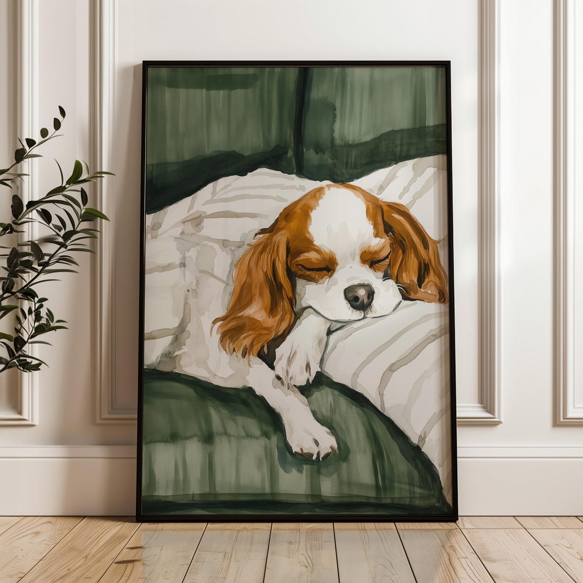 Sleeping Cavalier King Charles Spaniel Puppy On Striped Bedding Print