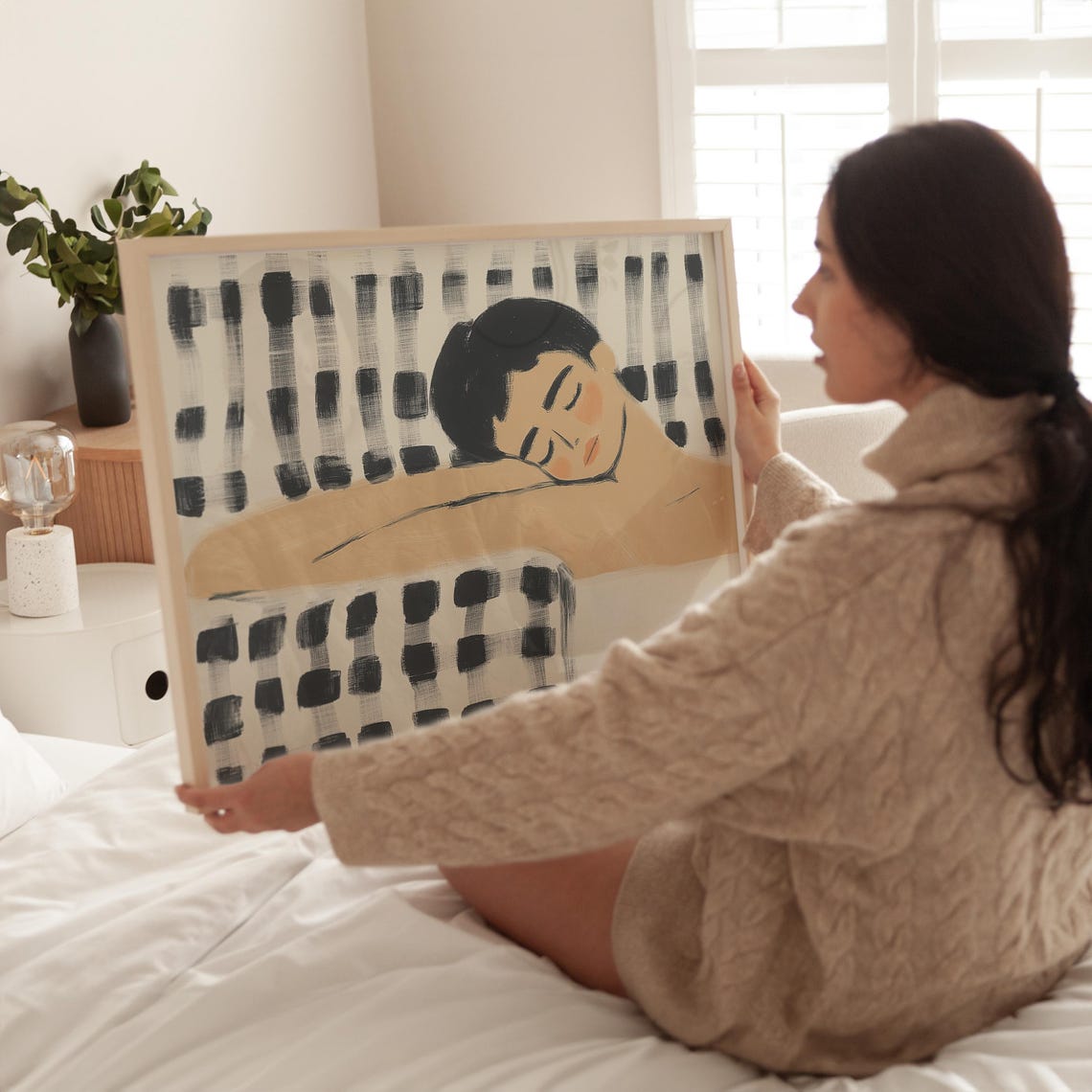 Sleeping Woman Resting Against Black White Brushstroke Stripes Poster - Image 3